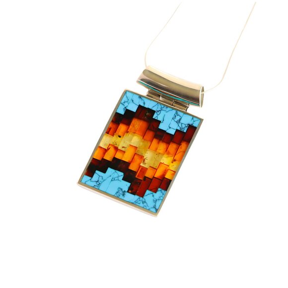 Baltic Amber and Turquoise Mosaic Pendant Necklace in 925 Sterling Silver - Picture 2 of 6